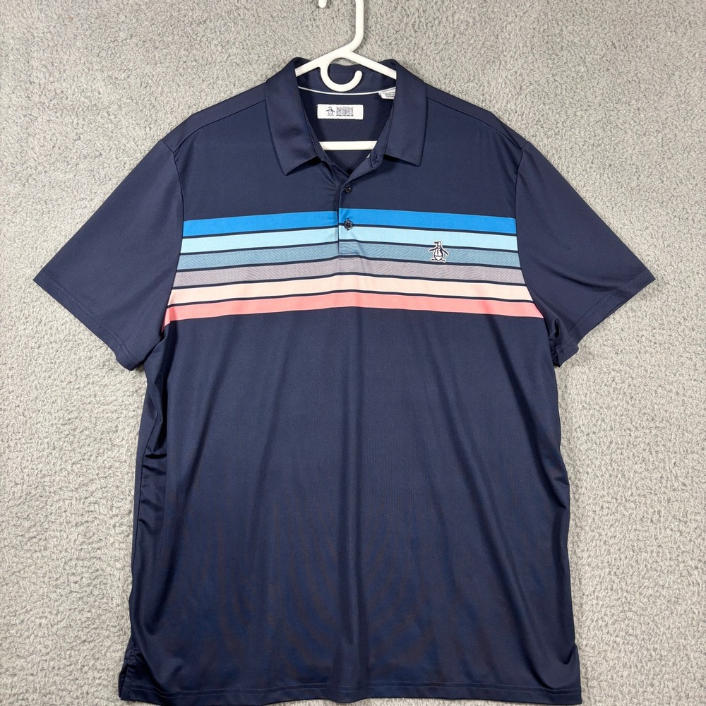 Original Penguin Polo Mens XL Navy Blue Striped Performance Golf Shirt Logo